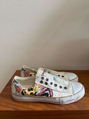 Ed Hardy White Graphic Slip-On Sneakers with Multicolor Tattoo Print